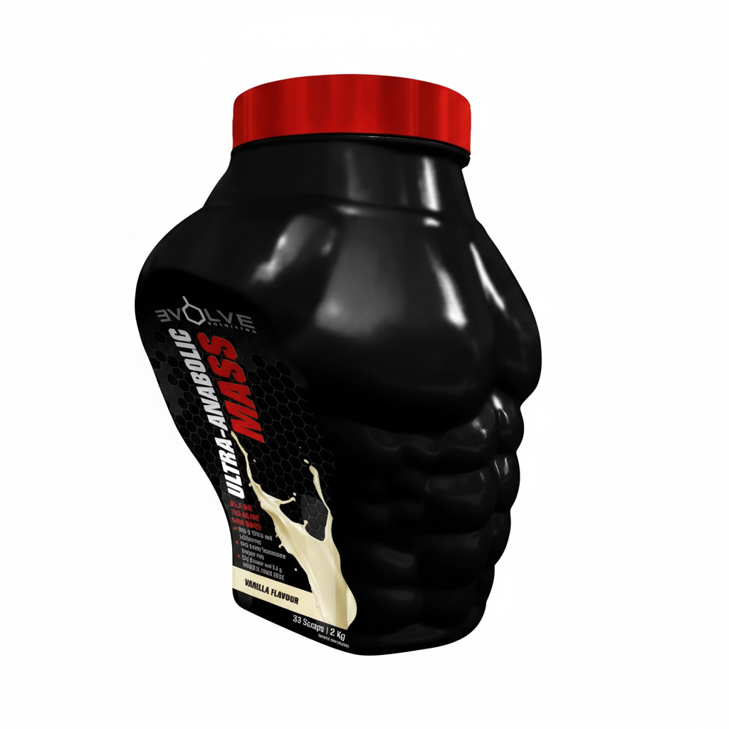 Black supplement container with red lid labeled 'Ultra Anabolic' on a white background Muscle Mecca