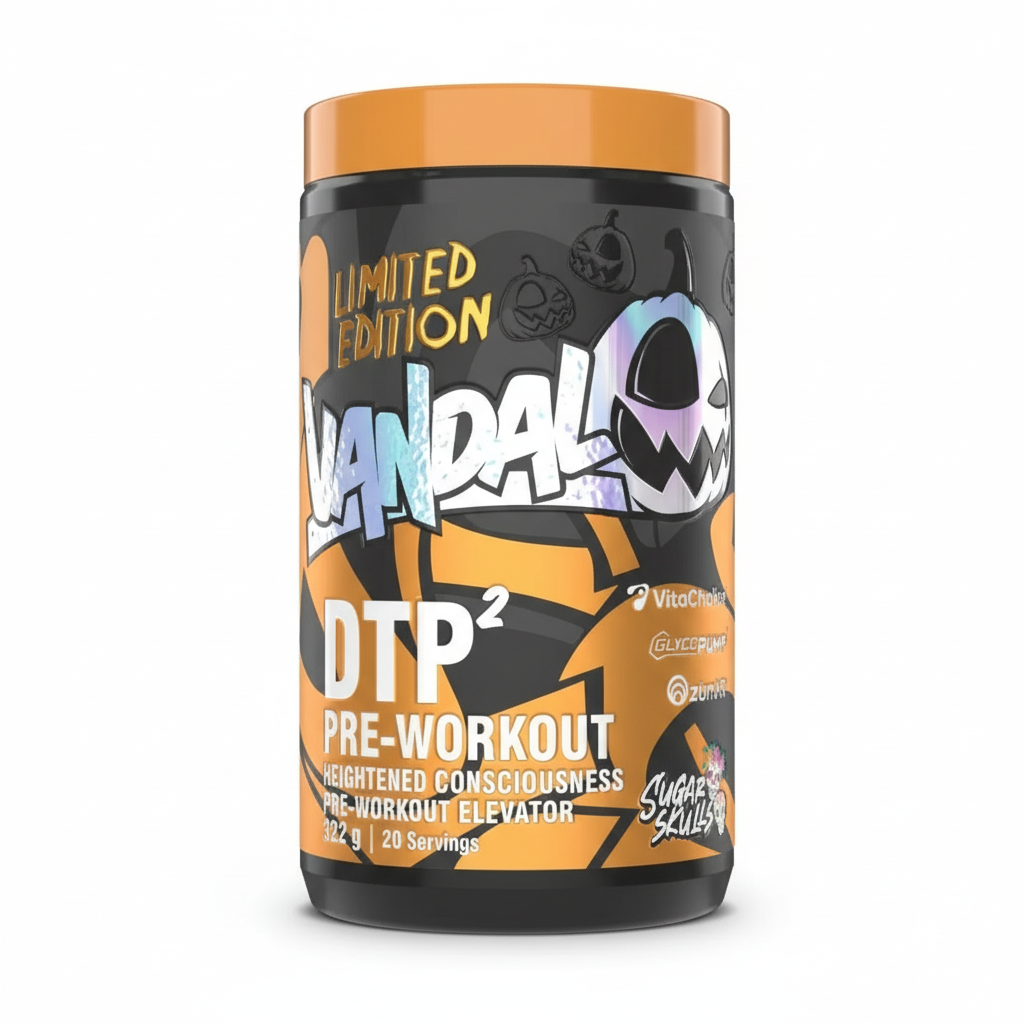 Vandal DTP2 pre-workout supplement container with colorful design on a white background Muscle Mecca