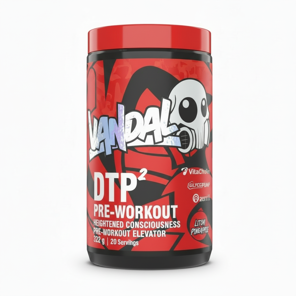 Pre-workout supplement container with red and black design on a white background Muscle Mecca