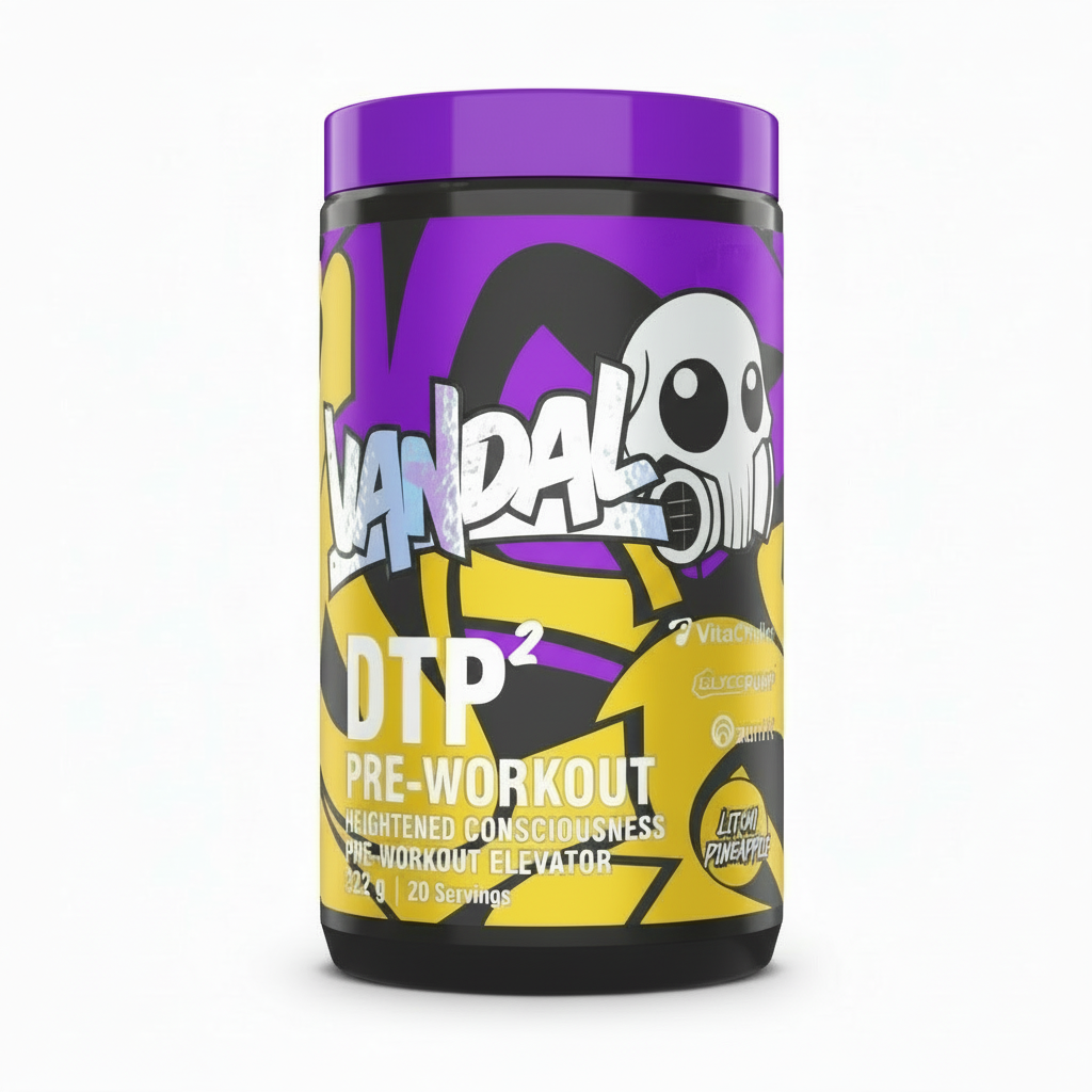 Pre-workout supplement container with 'Vandal' branding on a white background Muscle Mecca