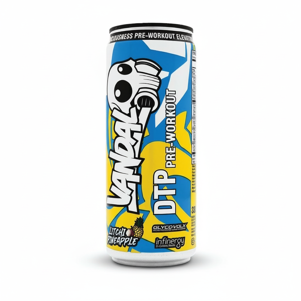 Vandal DTP pre-workout supplement can with colorful design on a white background Muscle Mecca