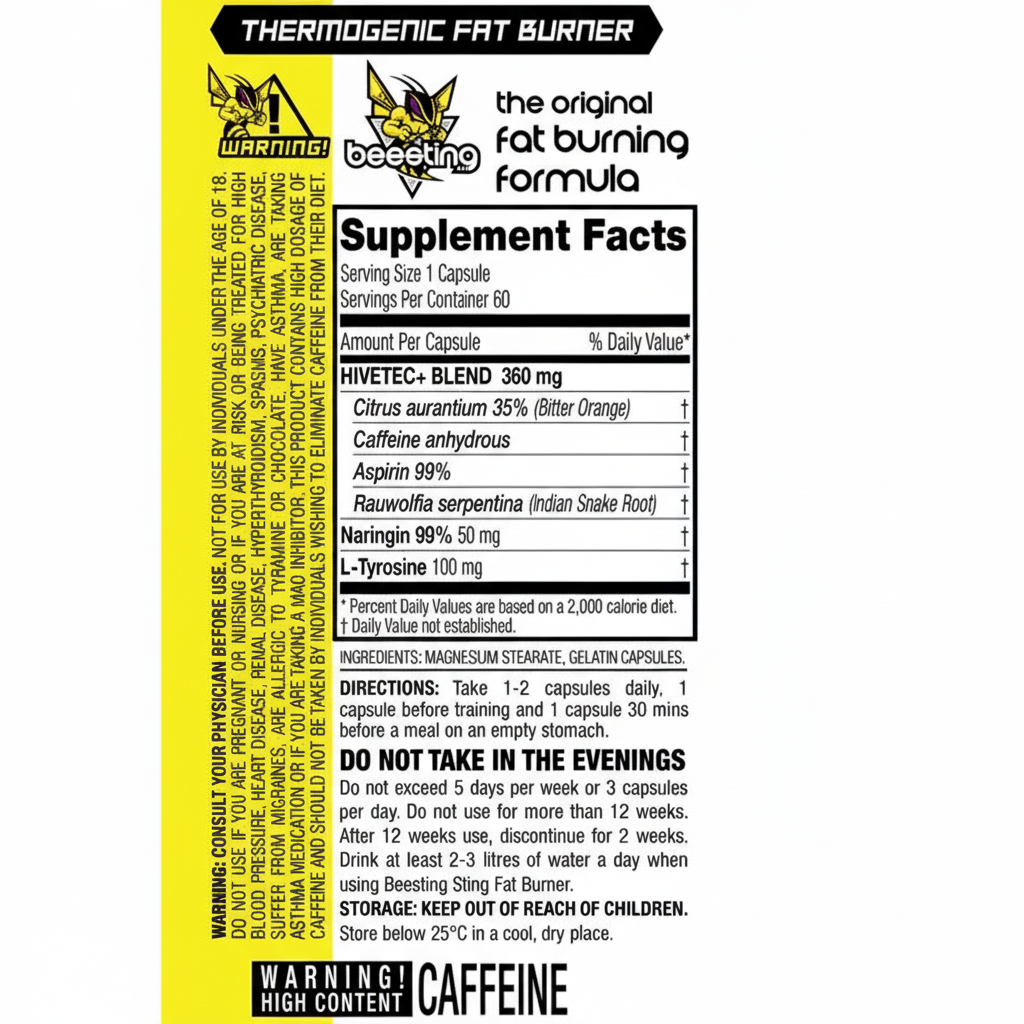 Supplement label for a thermogenic fat burner with detailed ingredient list and warnings.