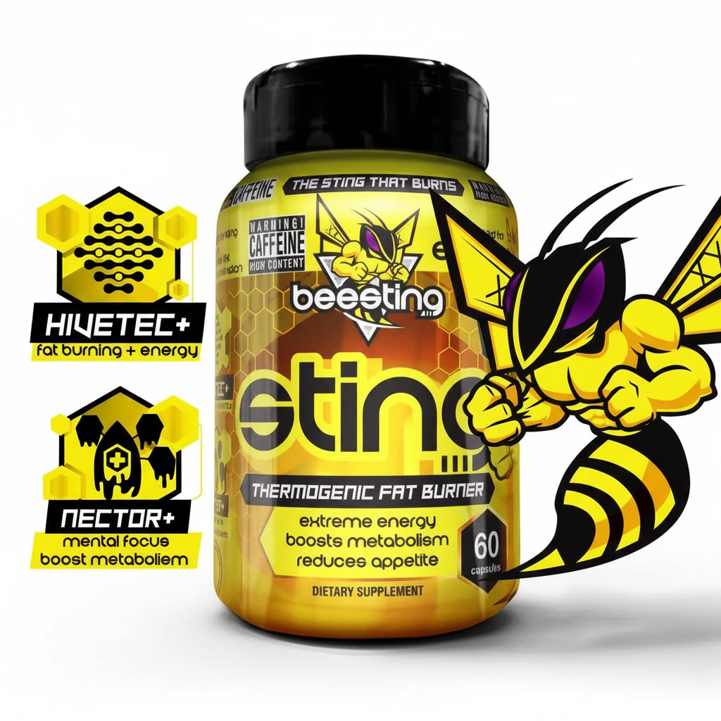 Beesting Stinger supplement bottle with bee graphics and product labels on a white background Muscle Mecca