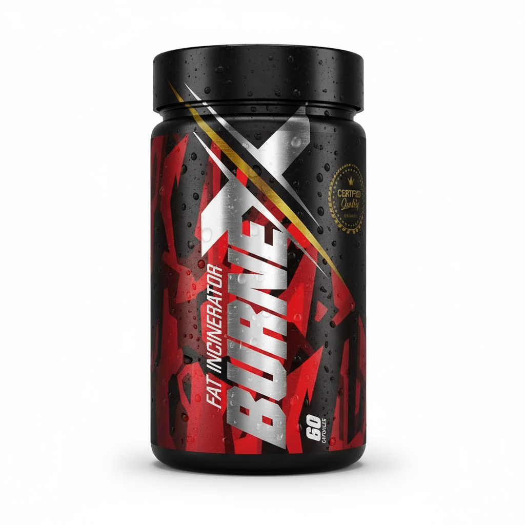 Fat burner supplement container with red and black design on a white background