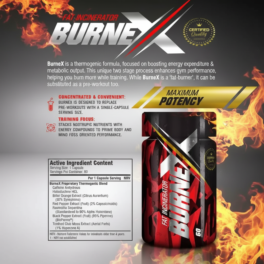 Burnex supplement packaging with fiery design elements on a gray background