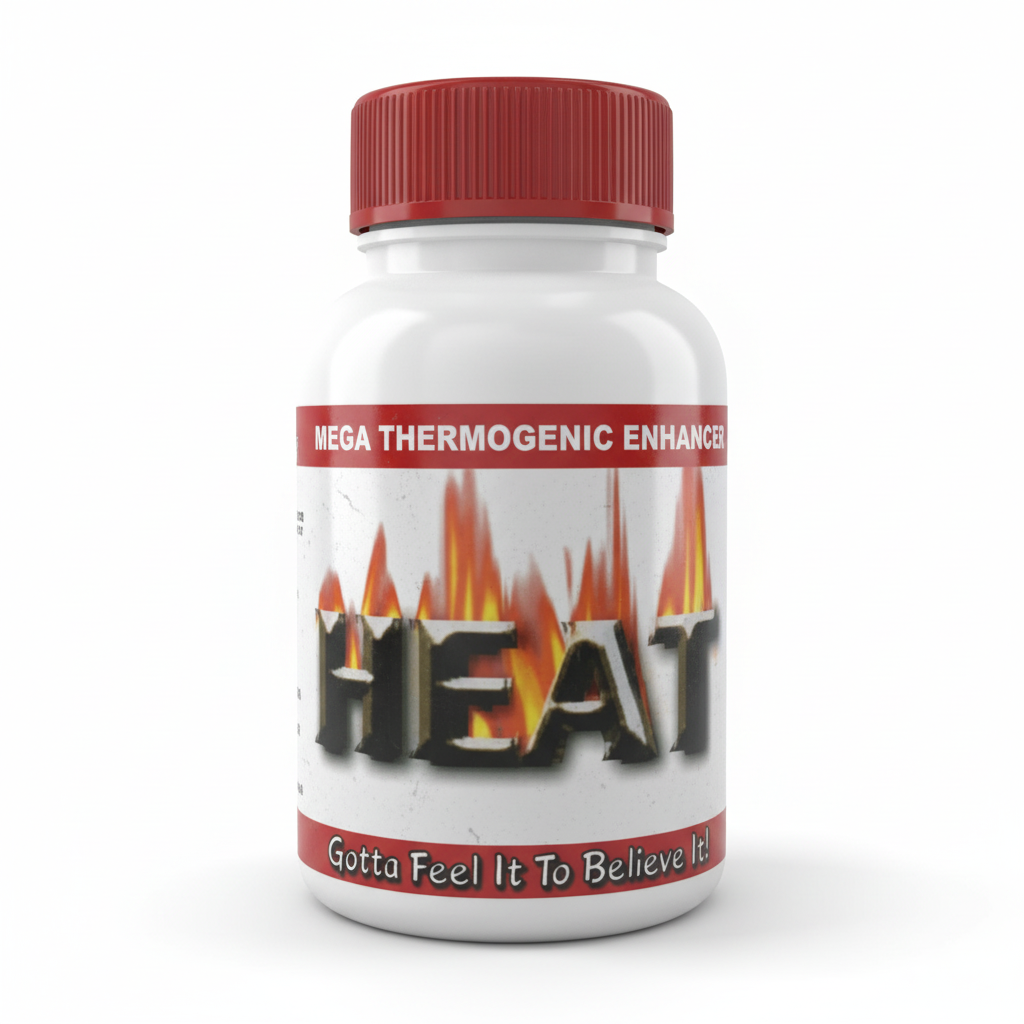 Supplement bottle labeled 'HEAT Mega Thermogenic Enhancer' on a white background
