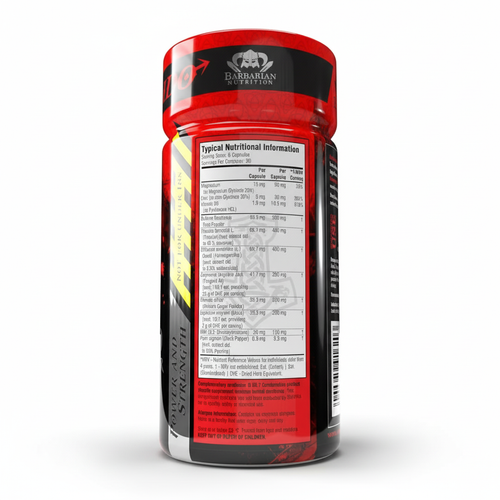 Supplement bottle with nutritional information label on a white background