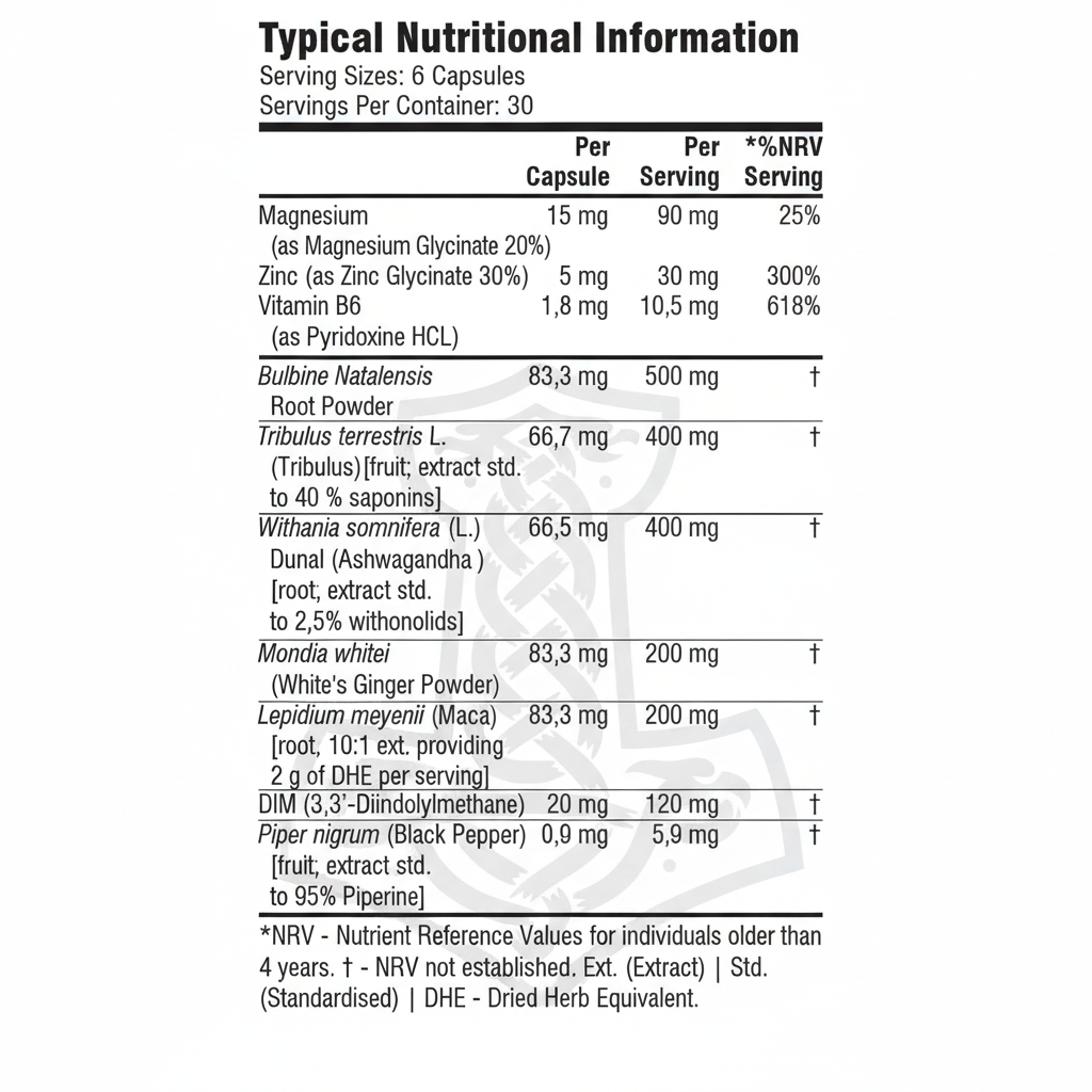 Nutritional information label for a supplement with various ingredients and their amounts.