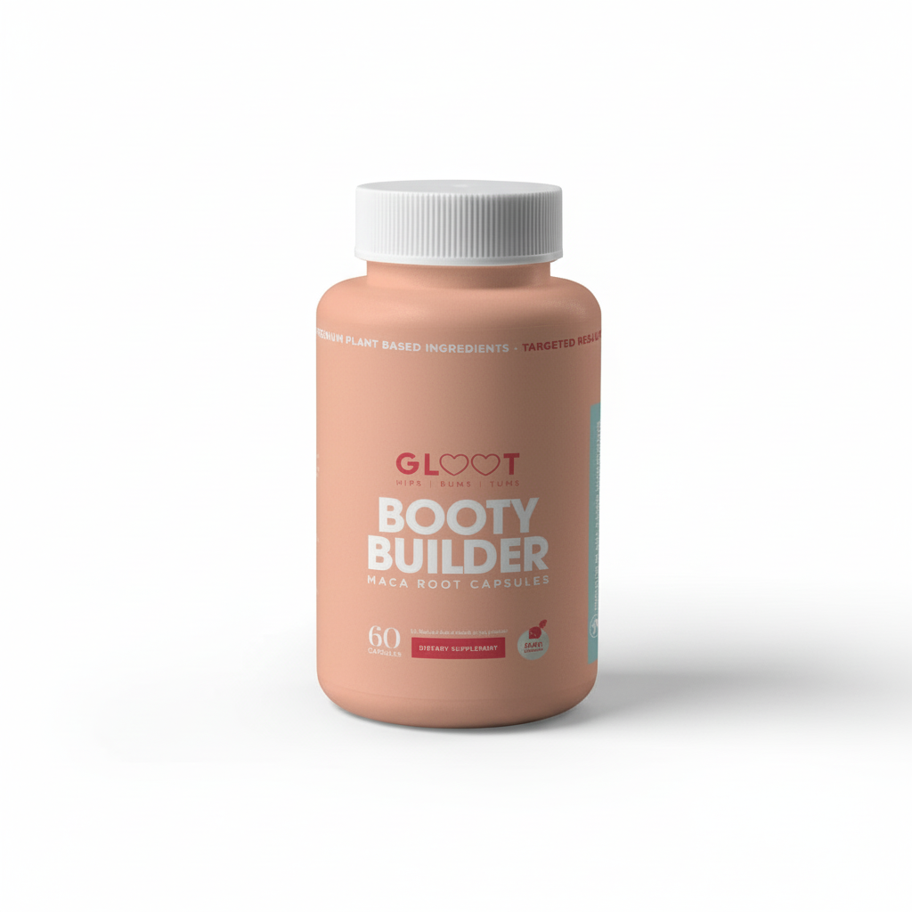 Supplement bottle labeled 'Booty Builder' by GLOOOT on a white background