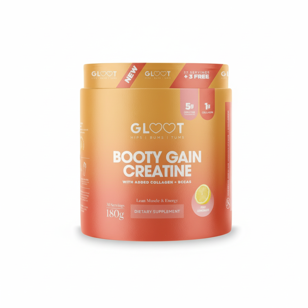 Gloot Booty Gain Creatine supplement container on a white background Muscle Mecca