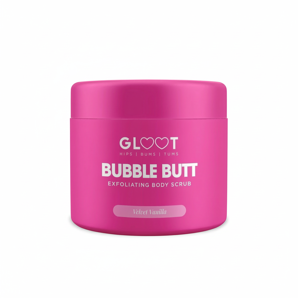 Pink jar of GLOüt Bubble Butt exfoliating body scrub on a white background  Muscle Mecca