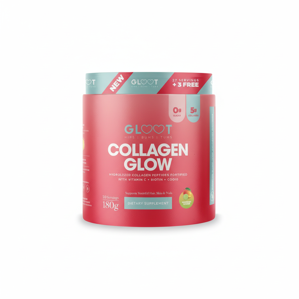 Red container of GLOOT Collagen Glow supplement on a white background Muscle Mecca