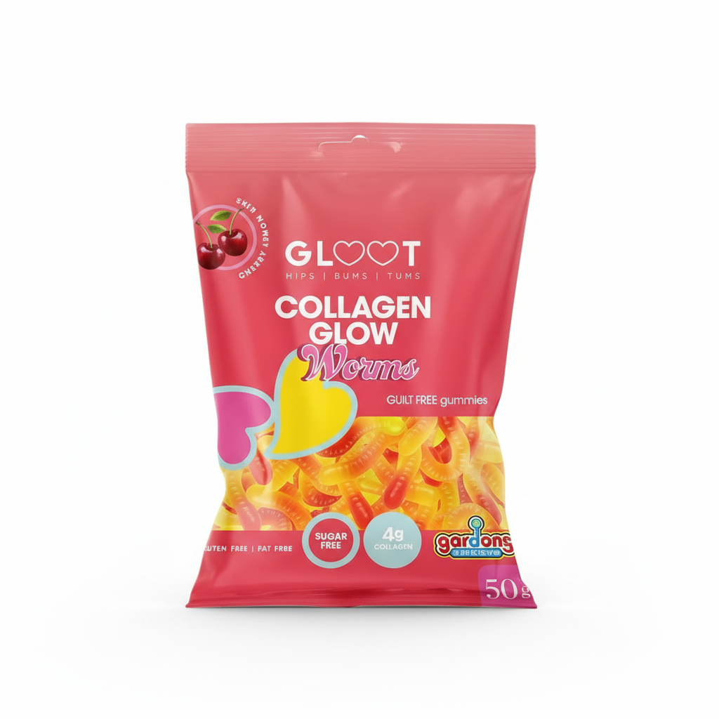 Packaging of GLOOT Collagen Glow Worms gummy vitamins on a white background Muscle Mecca