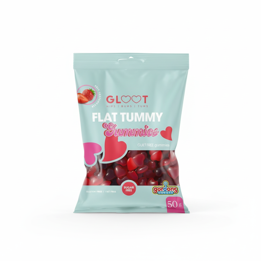 Packaging of 'Flat Tummy Gummies' with visible brand name on a white background Muscle Mecca