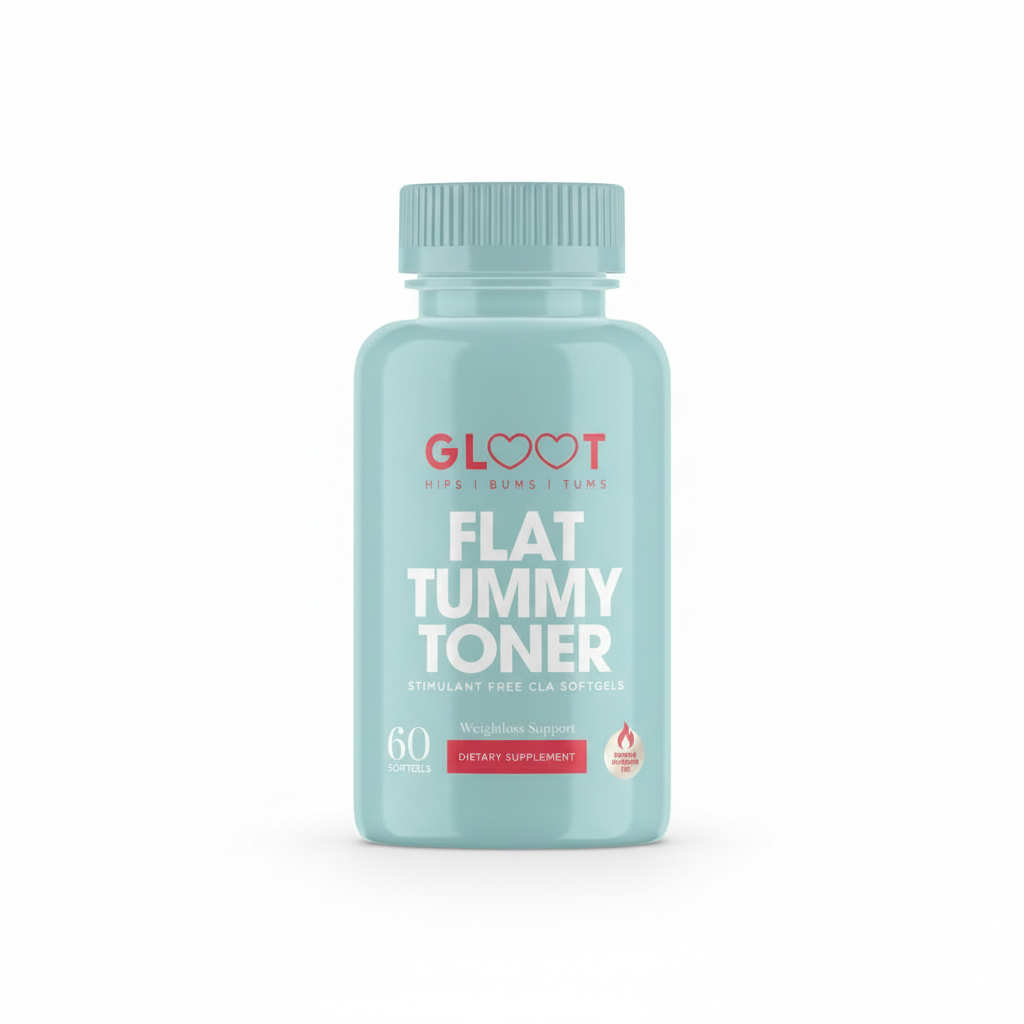 Blue supplement bottle labeled 'Flat Tummy Toner' on a white background Muscle Mecca