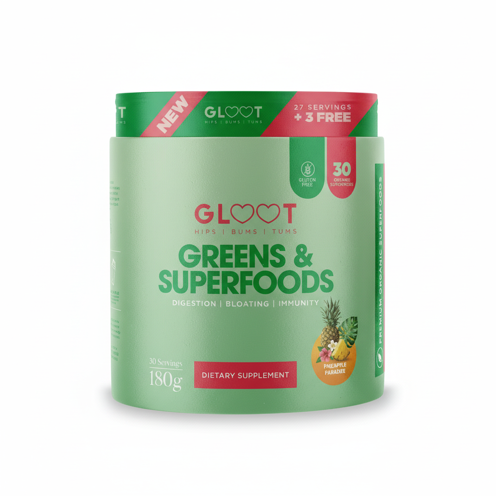 Green container of GLOOT Greens & Superfoods dietary supplement on a white background Muscle Mecca