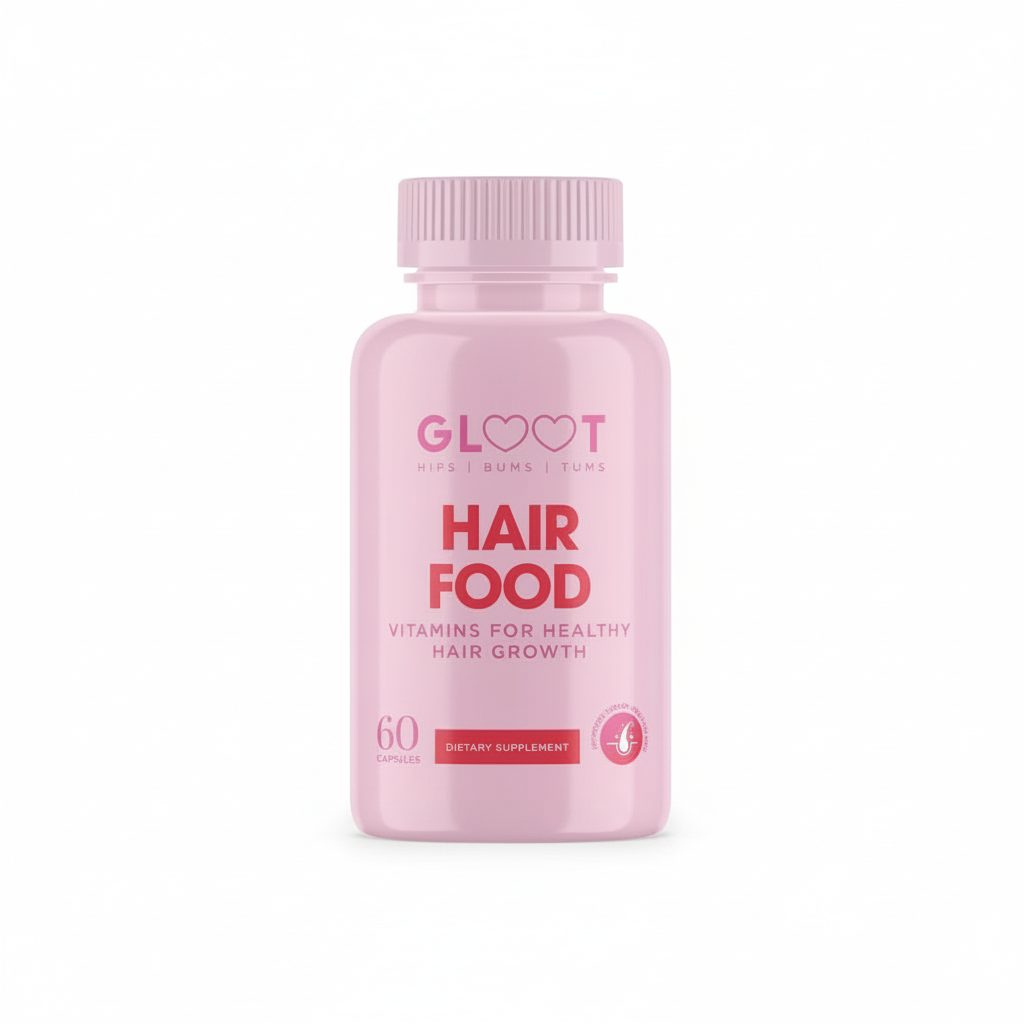 Pink bottle of 'Hair Food' supplements on a white background Muscle Mecca