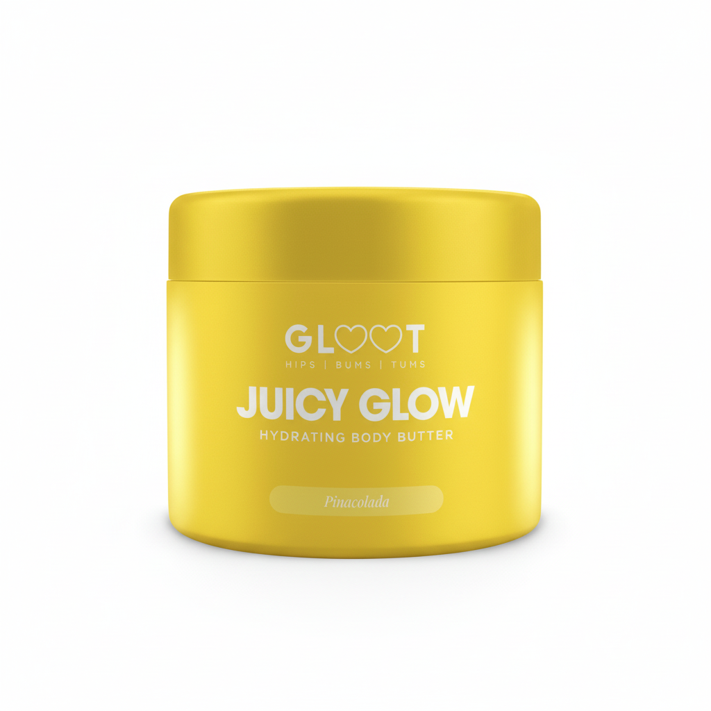 Yellow jar of 'Juicy Glow' hydrating body butter on a white background Muscle Mecca