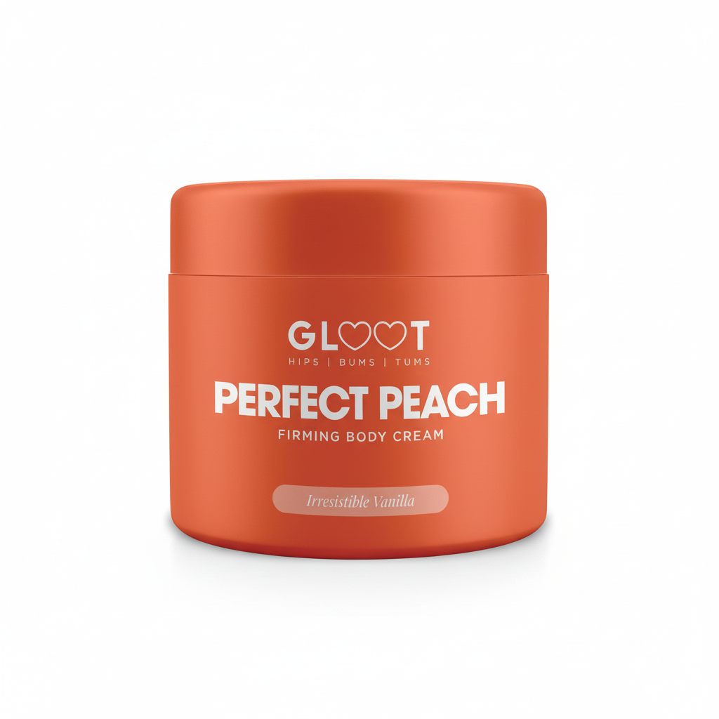 Orange jar of 'Perfect Peach' firming body cream with 'GLOHEART' branding on a white background Muscle Mecca