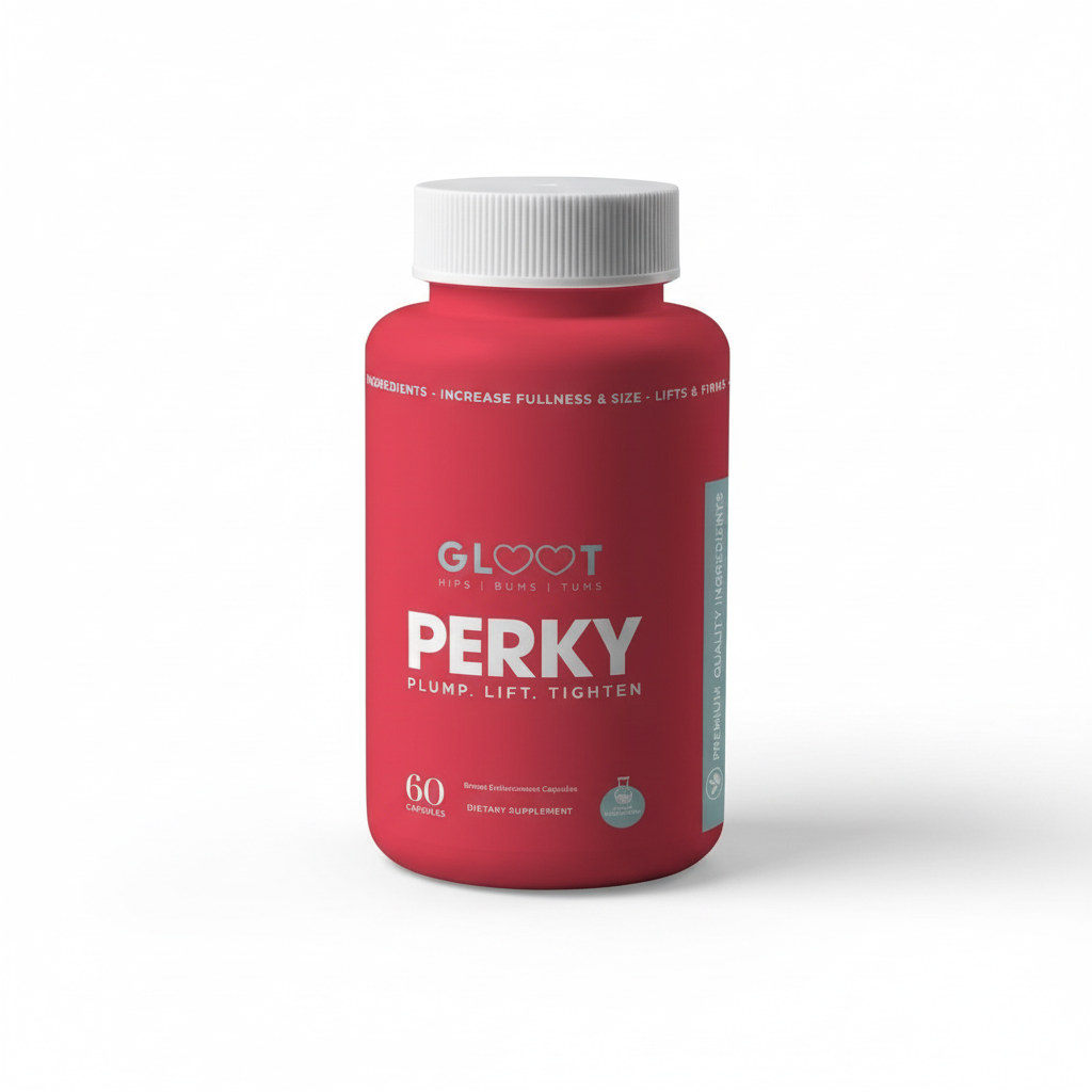 Red supplement bottle labeled 'PERKY' by Gloot on a white background Muscle Mecca