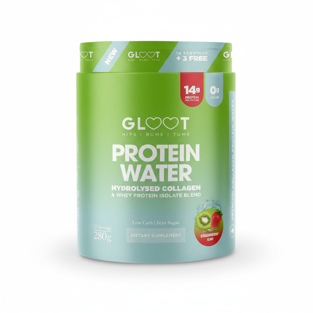 Green container of Gloot Protein Water on a white background Muscle Mecca