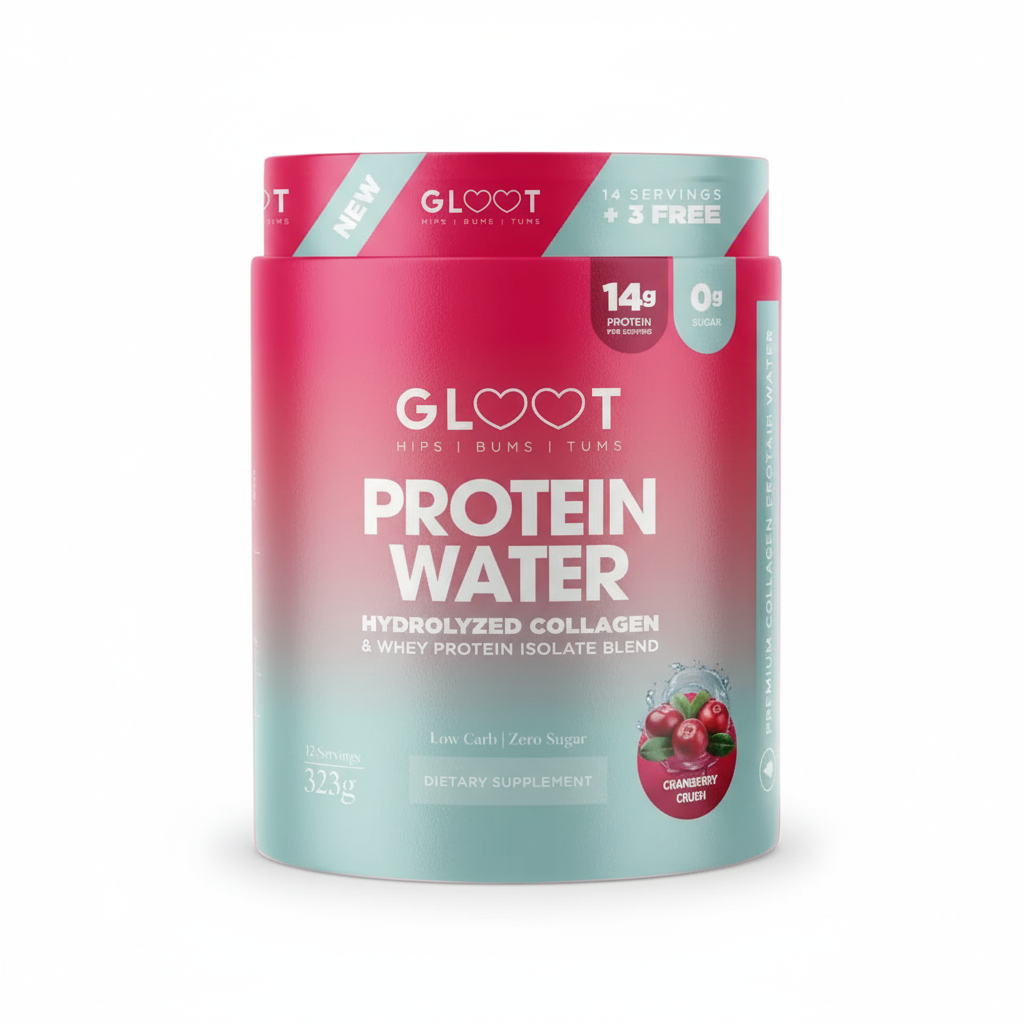 Gloot Protein Water container with a pink and blue gradient on a white background Muscle Mecca