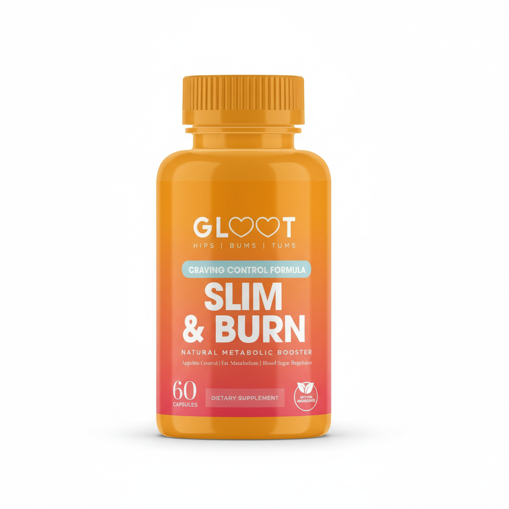 Supplement bottle labeled 'Slim & Burn' by GLOOT on a white background Muscle Mecca