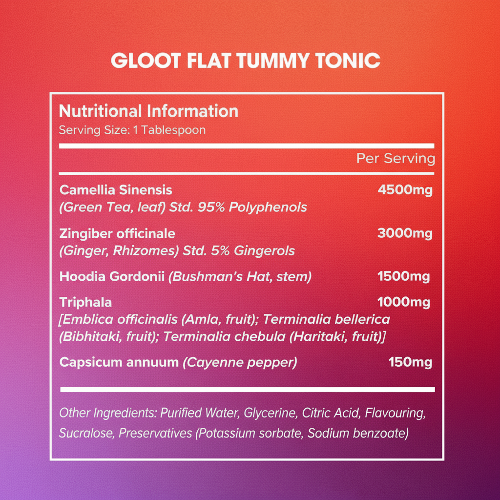 Nutritional information label for GLOOT Flat Tummy Tonic on a gradient background Muscle Mecca