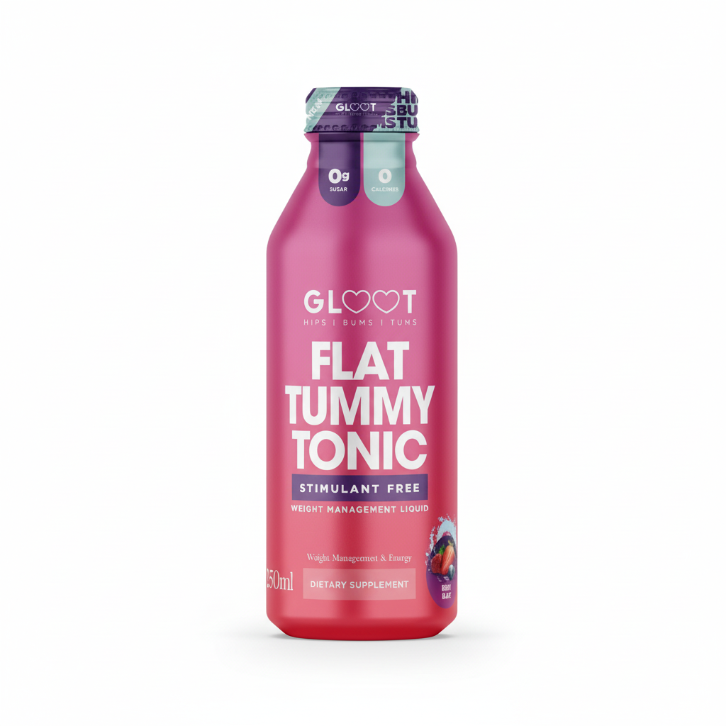 Pink bottle of GLOOT Flat Tummy Tonic on a white background Muscle Mecca