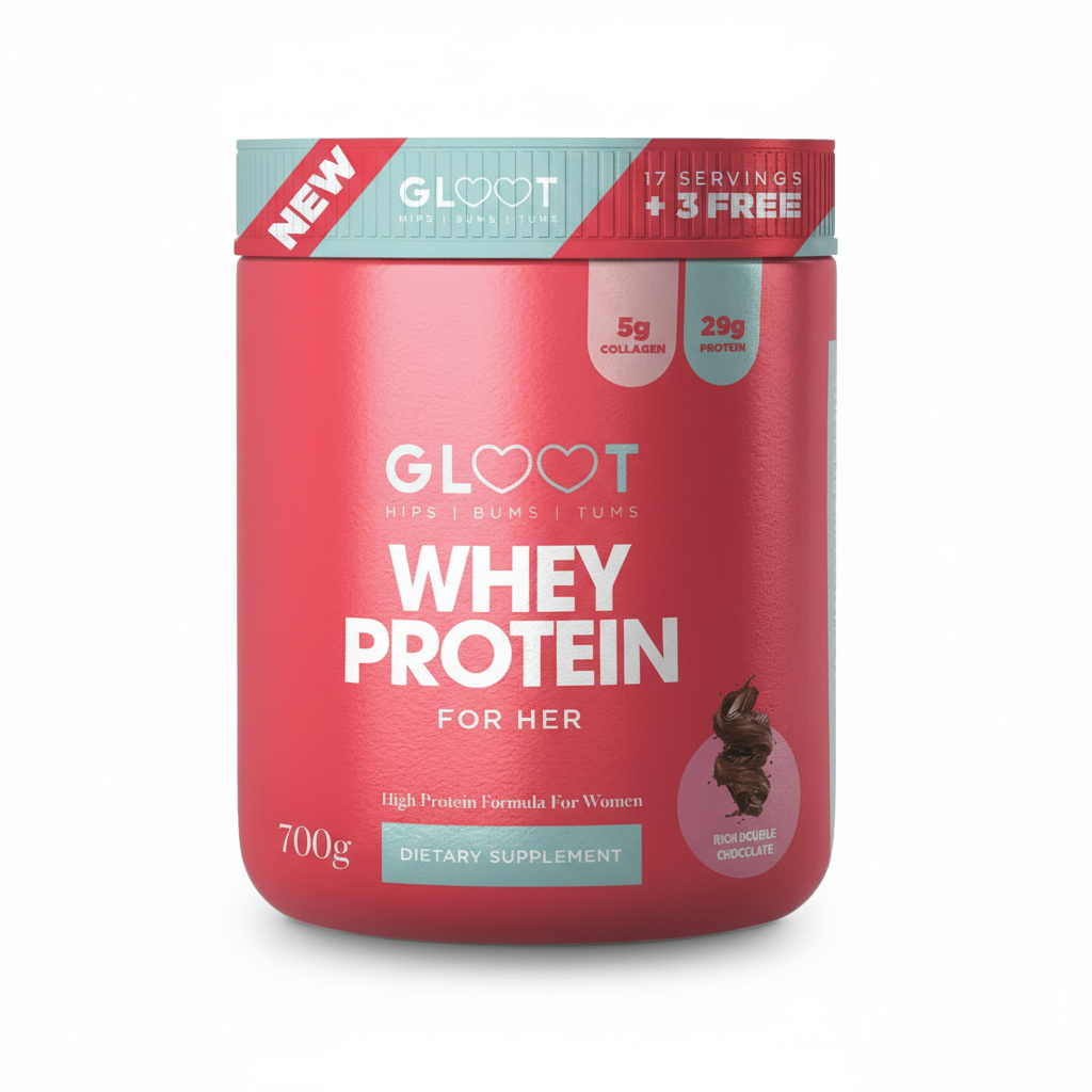 Red container of GLOOT whey protein for her on a white background Muscle Mecca