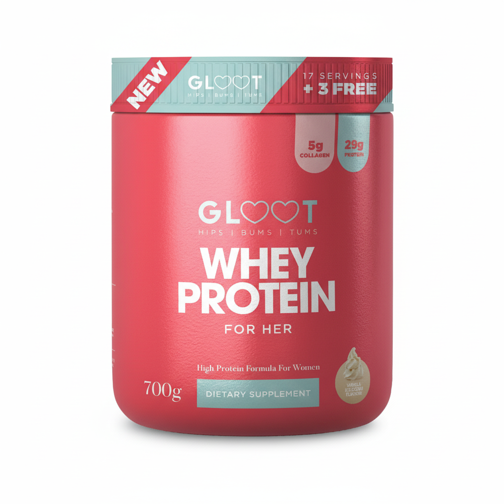 Red container of Gloot Whey Protein for Her on a white background Muscle Mecca