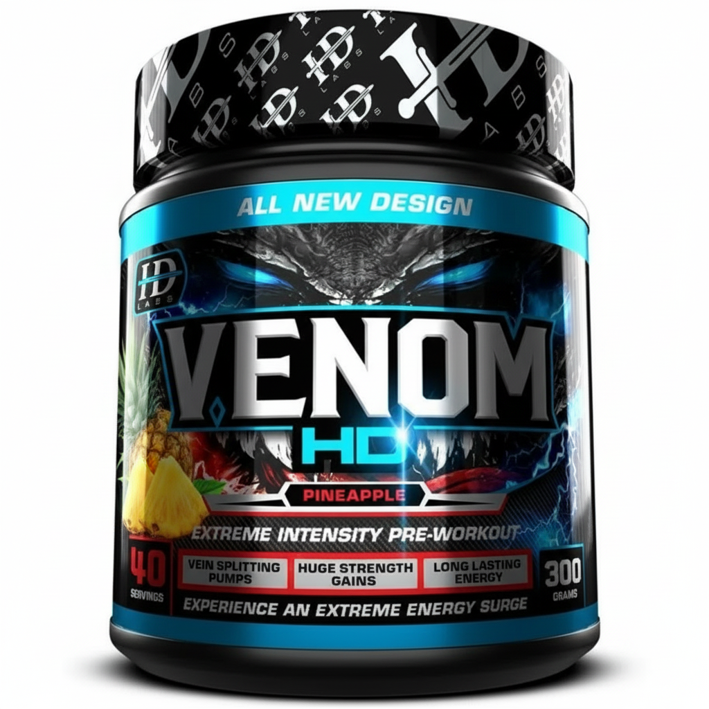 Pre-workout supplement container labeled 'Venom HD' with black and blue design. Muscle Mecca
