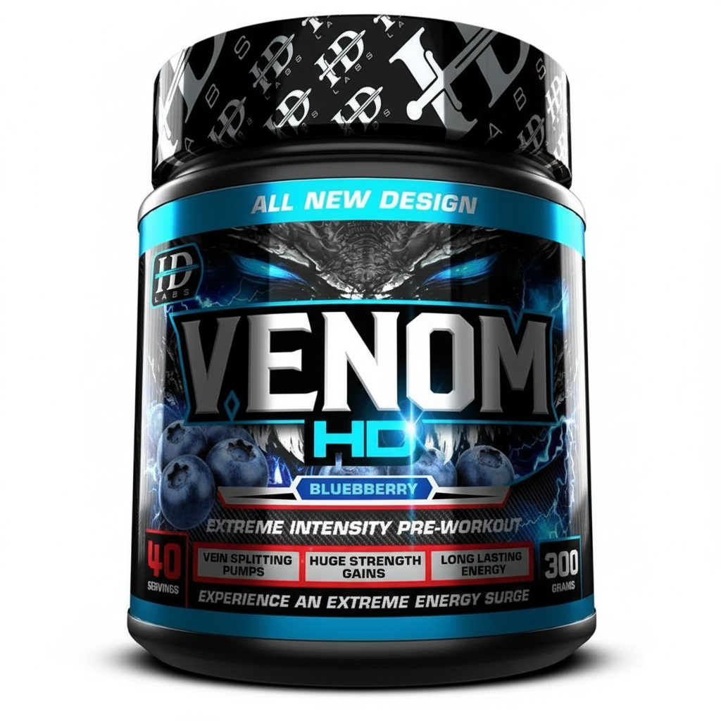 Venom HD pre-workout supplement container with blueberry flavor on a white background Muscle Mecca