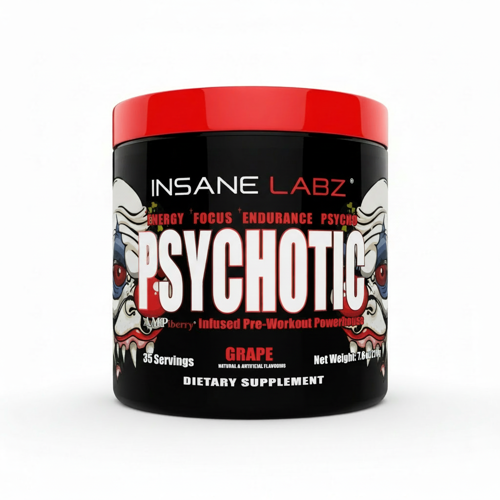 Insane Labz Psychotic pre-workout supplement container on a white background Muscle Mecca