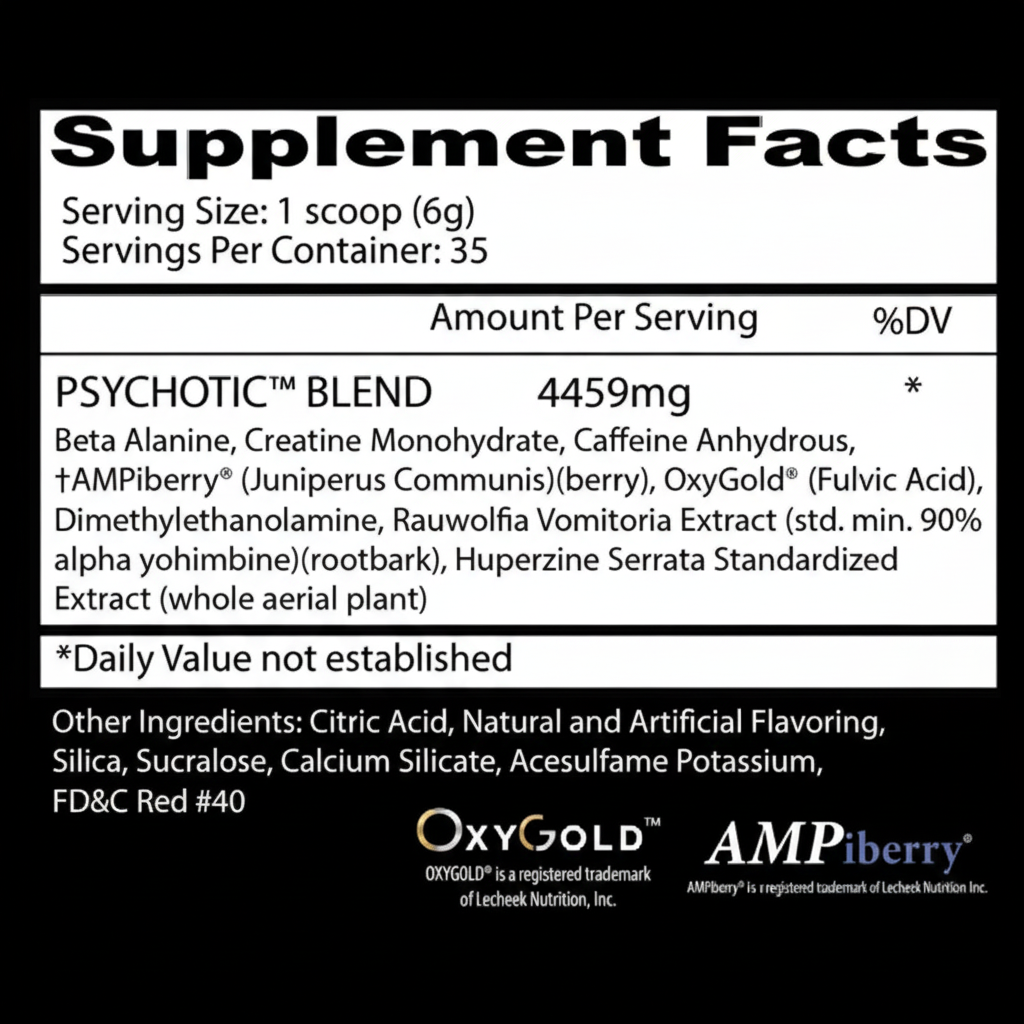 Supplement label with ingredients and branding on a black background Muscle Mecca