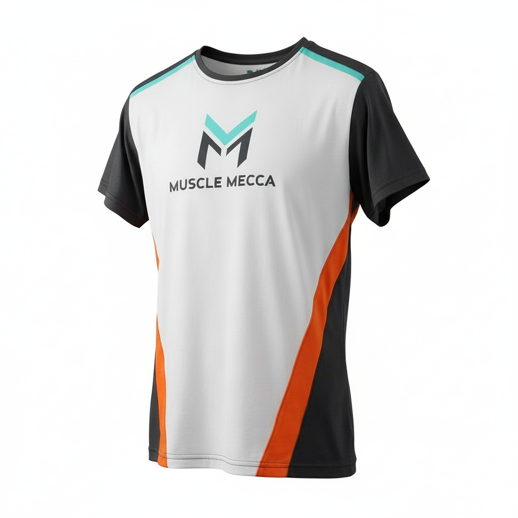 White sports jersey with black and orange accents featuring 'Muscle Mecca' logo on a white background.