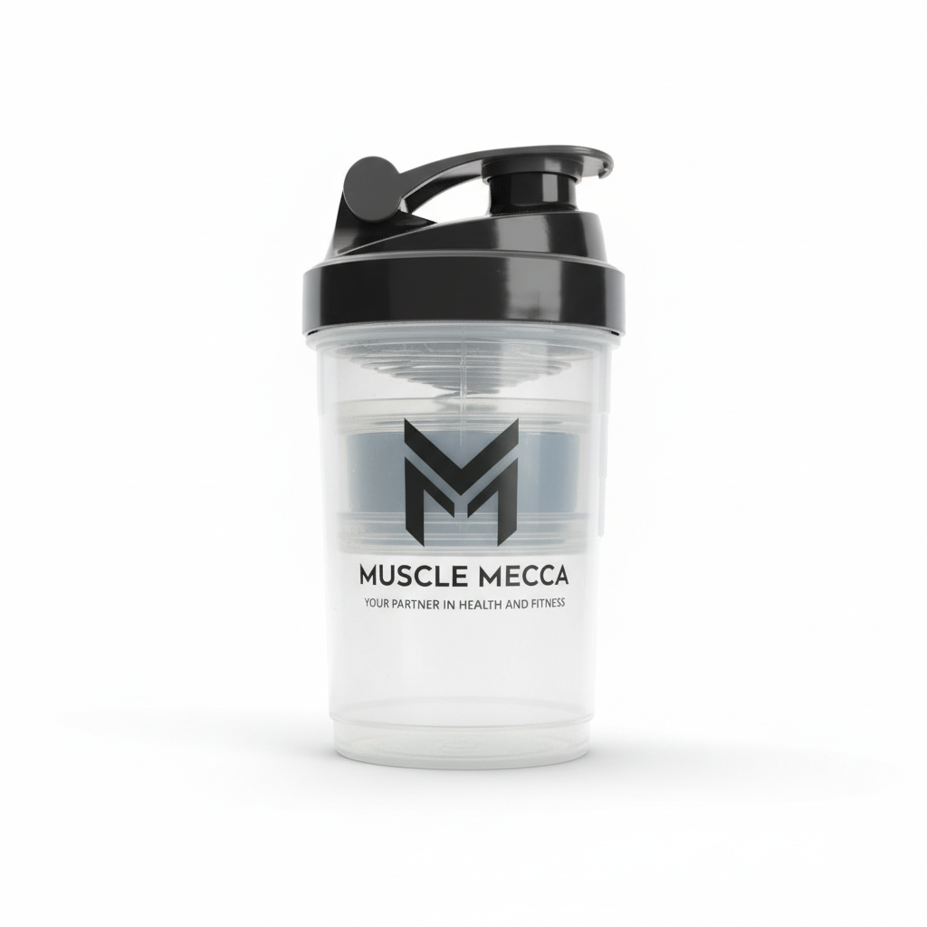 Clear protein shaker bottle with black lid and Muscle Mecca logo on a white background