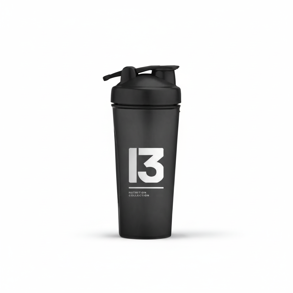 Black shaker bottle with '13' logo on a white background Muscle Mecca