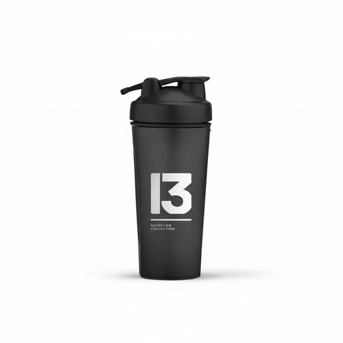 Black shaker bottle with '13' logo on a white background Muscle Mecca