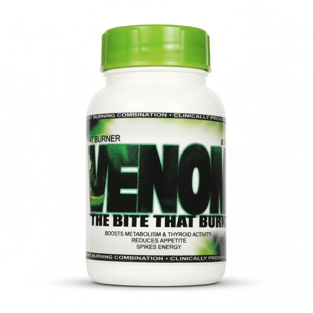 Supplement bottle labeled 'Venom' with green cap on a white background Muscle Mecca