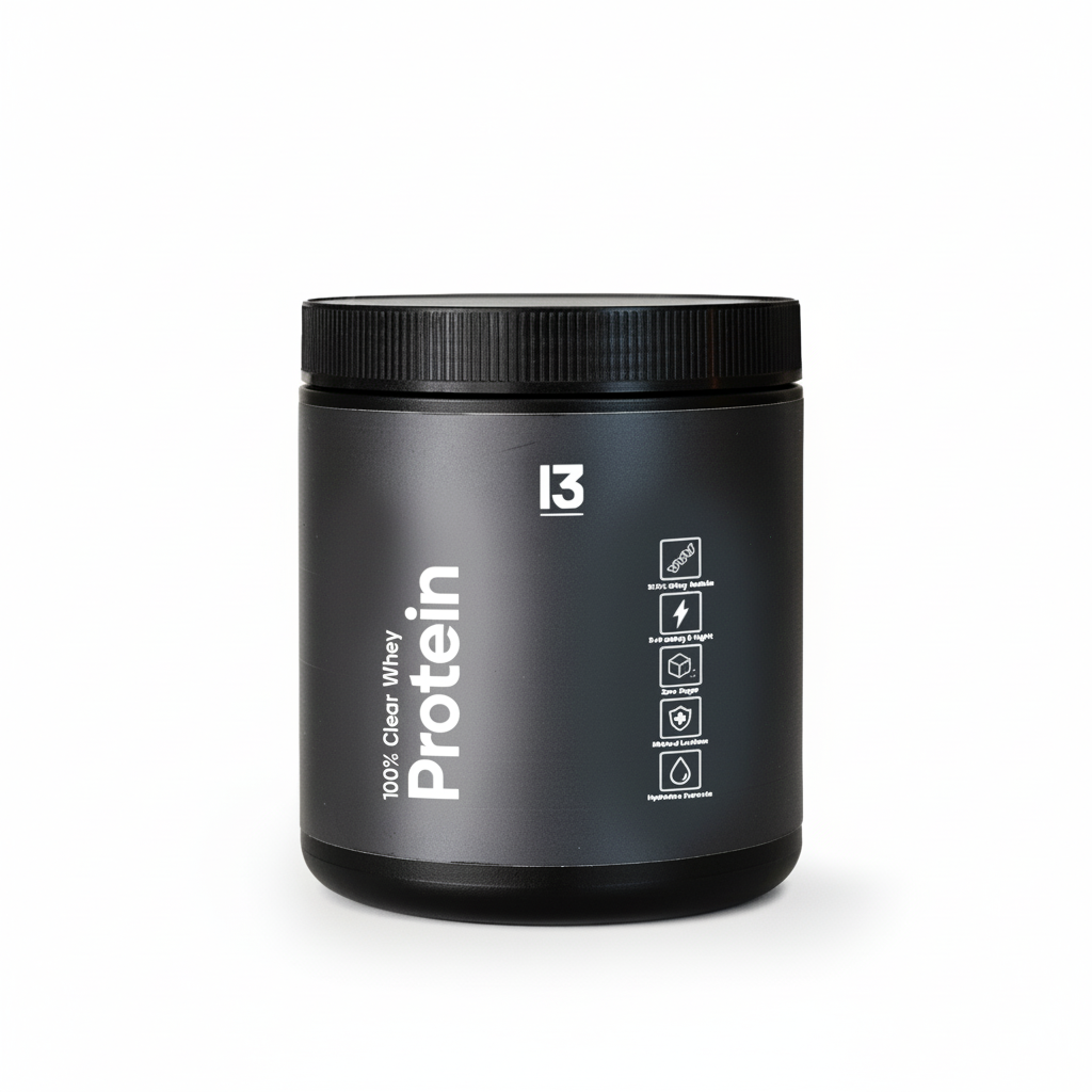Black protein powder container with '13' branding on a white background Muscle Mecca