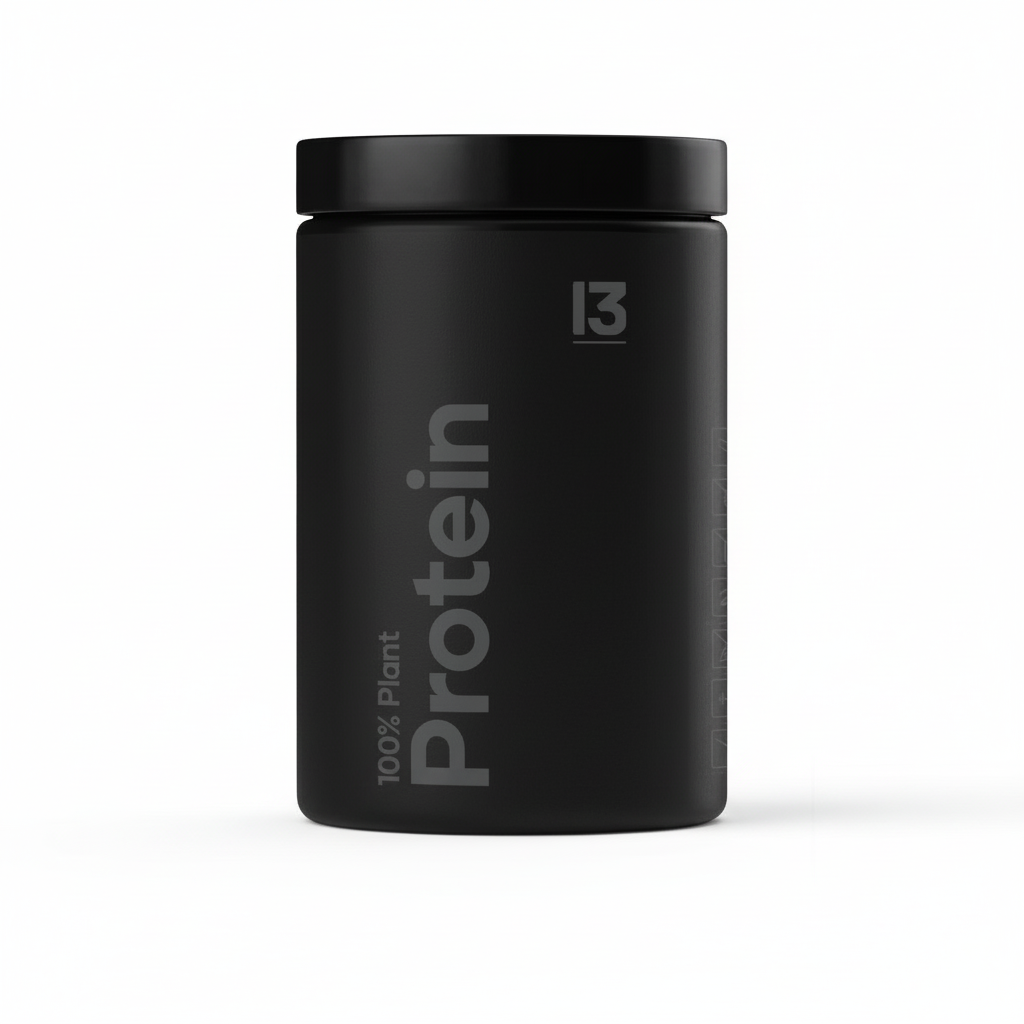 Black protein container with 'Protein' and '100% Plant' text on a white background Muscle Mecca