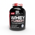 Black protein supplement container labeled 'Whey Fusion' on a white background Muscle Mecca