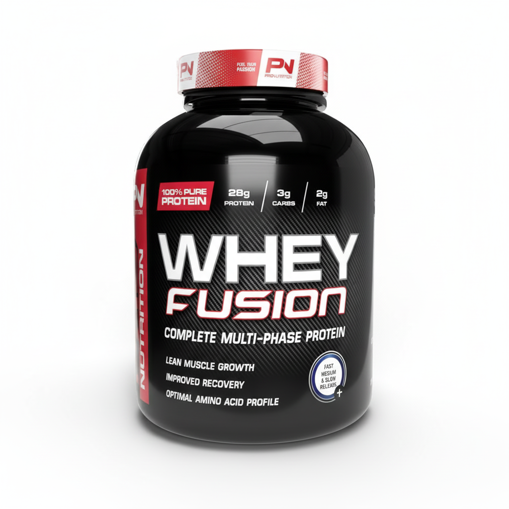 Black protein supplement container labeled 'Whey Fusion' on a white background Muscle Mecca