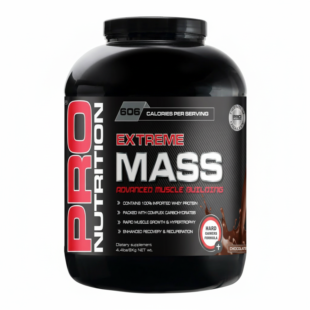 Pro Nutrition Extreme Mass supplement container on a white background Muscle Mecca