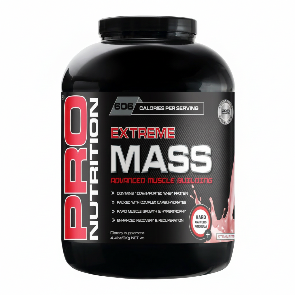 Pro Nutrition Extreme Mass supplement container on a white background Muscle Mecca