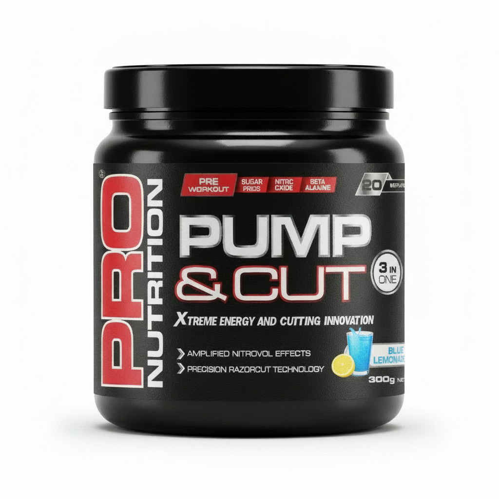 Pro Nutrition Pump & Cut supplement container on a white background Muscle Mecca