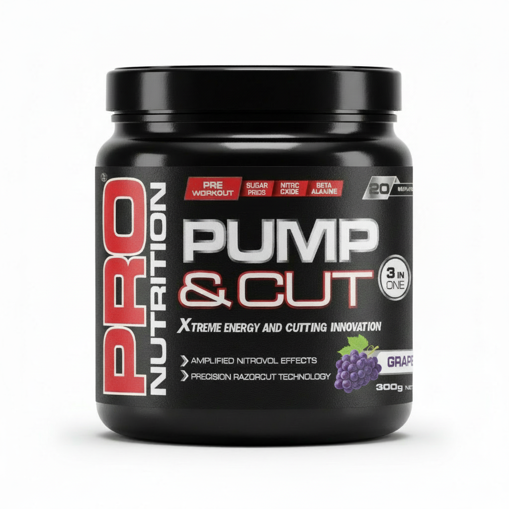 Black supplement container labeled 'Pump & Cut' by Pro Nutrition on a white background Muscle Mecca
