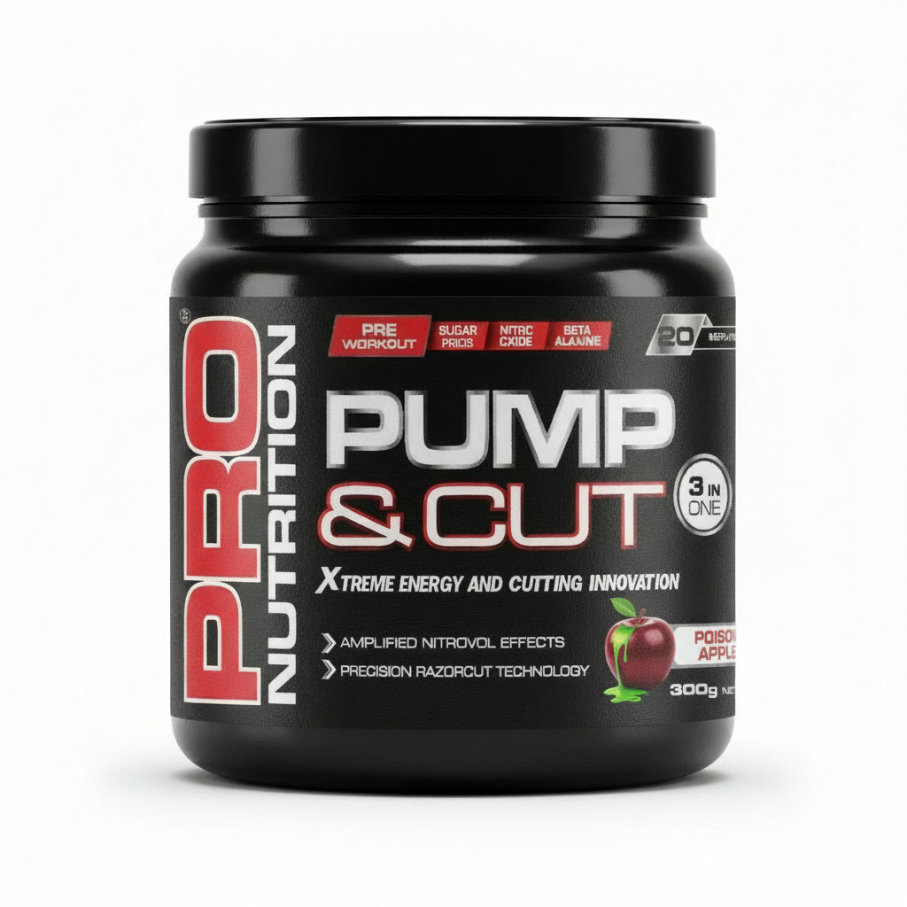 Pro Nutrition Pump & Cut supplement container on a white background Muscle Mecca