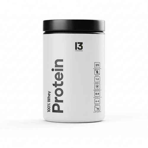 Protein powder container with '13' brand logo on a white background Muscle Mecca